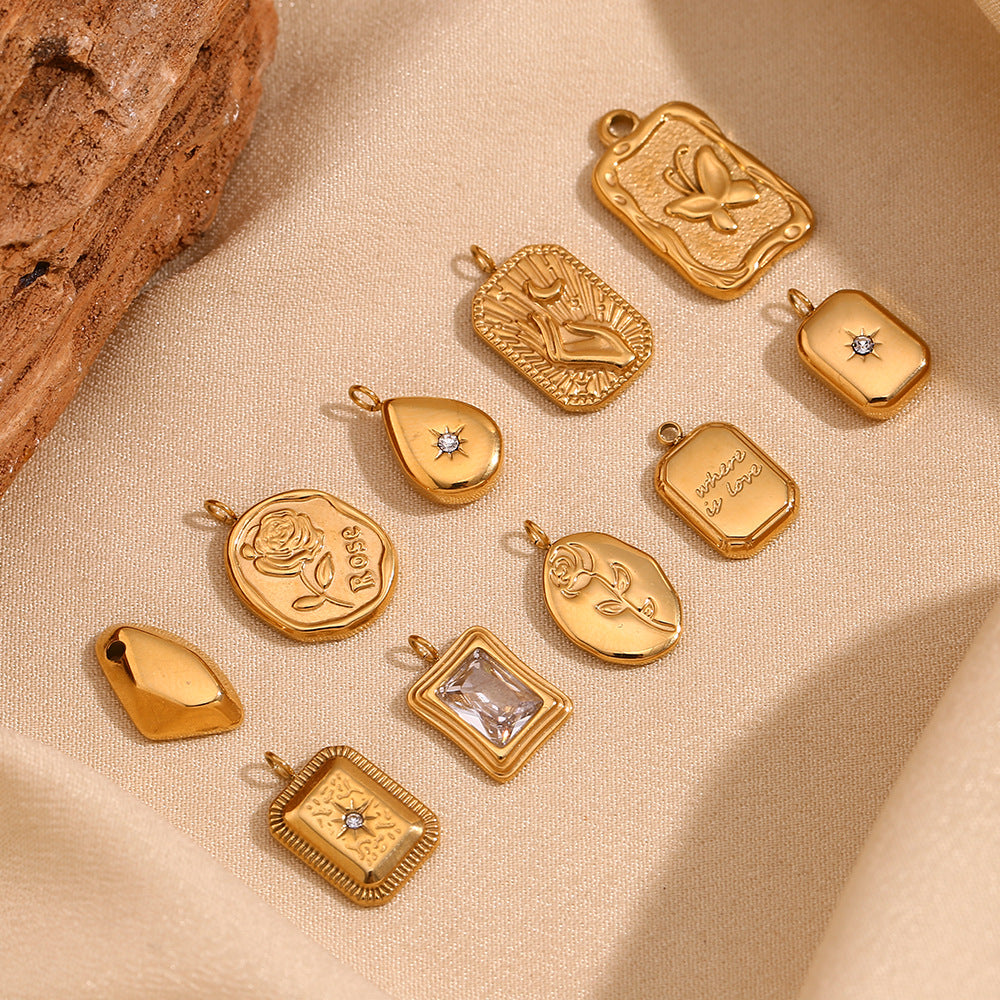 Geometric Fashion Pendant for Women Stainless Steel with 18K Gold Plating Teardrop Rose and Square Brick Design