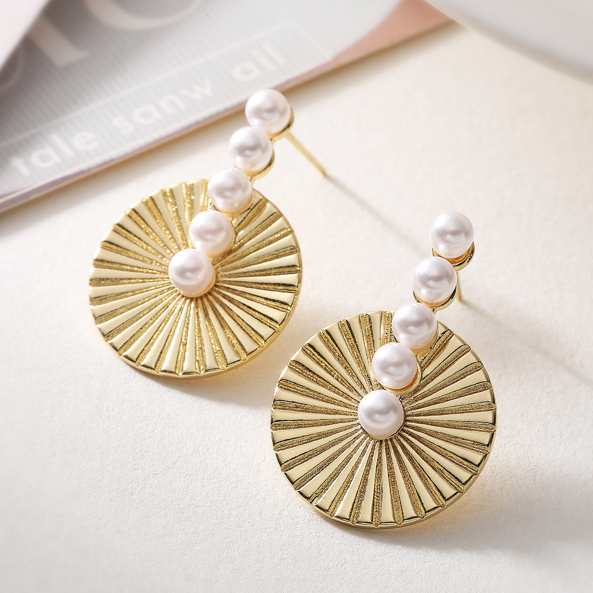 Minimalist 18K Gold Plated Brass Geometric Floral Earrings with Cubic Zirconia and Pearl for Women