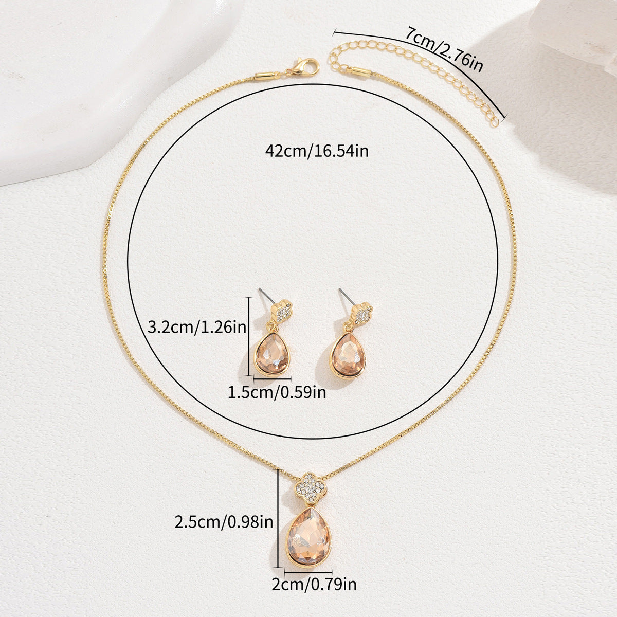 Geometric Waterdrop Pendant Necklace and Earrings Set for Women in Alloy with Rhinestone Inlay, Minimalist and Fresh Sweet Style
