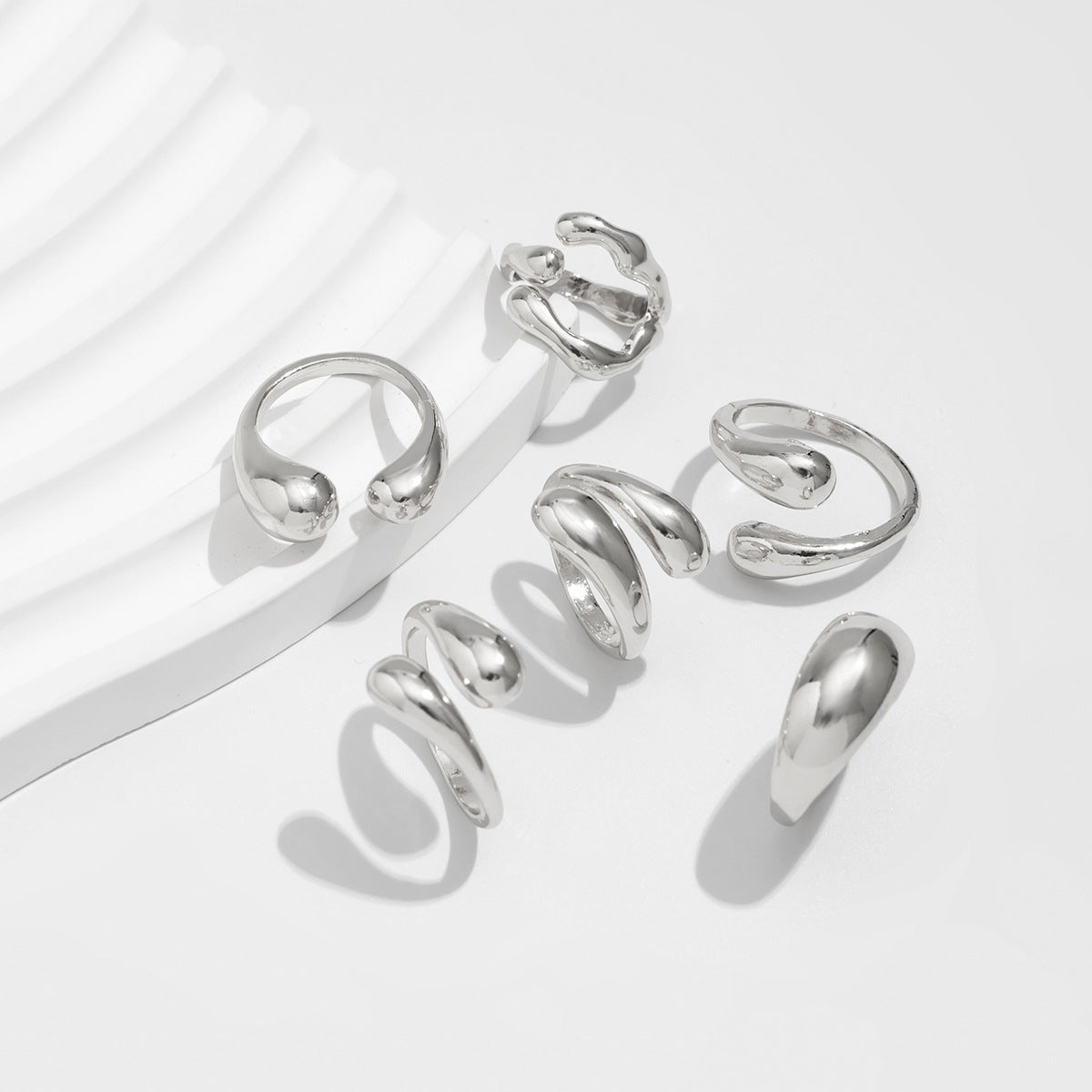 Geometric Plated Zinc Alloy Ring Set for Women