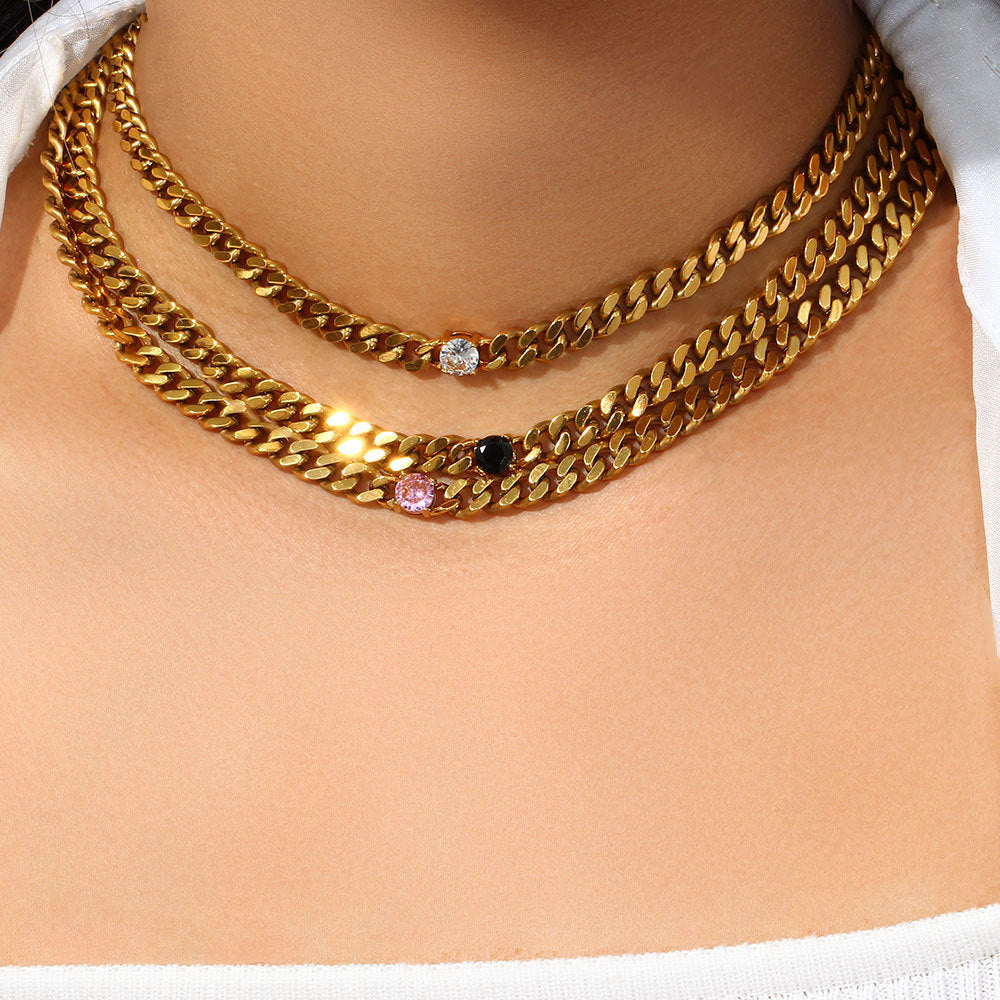 Fashion Geometric 18K Gold Plated Stainless Steel Cuban Chain Necklace with Round Zircon for Women
