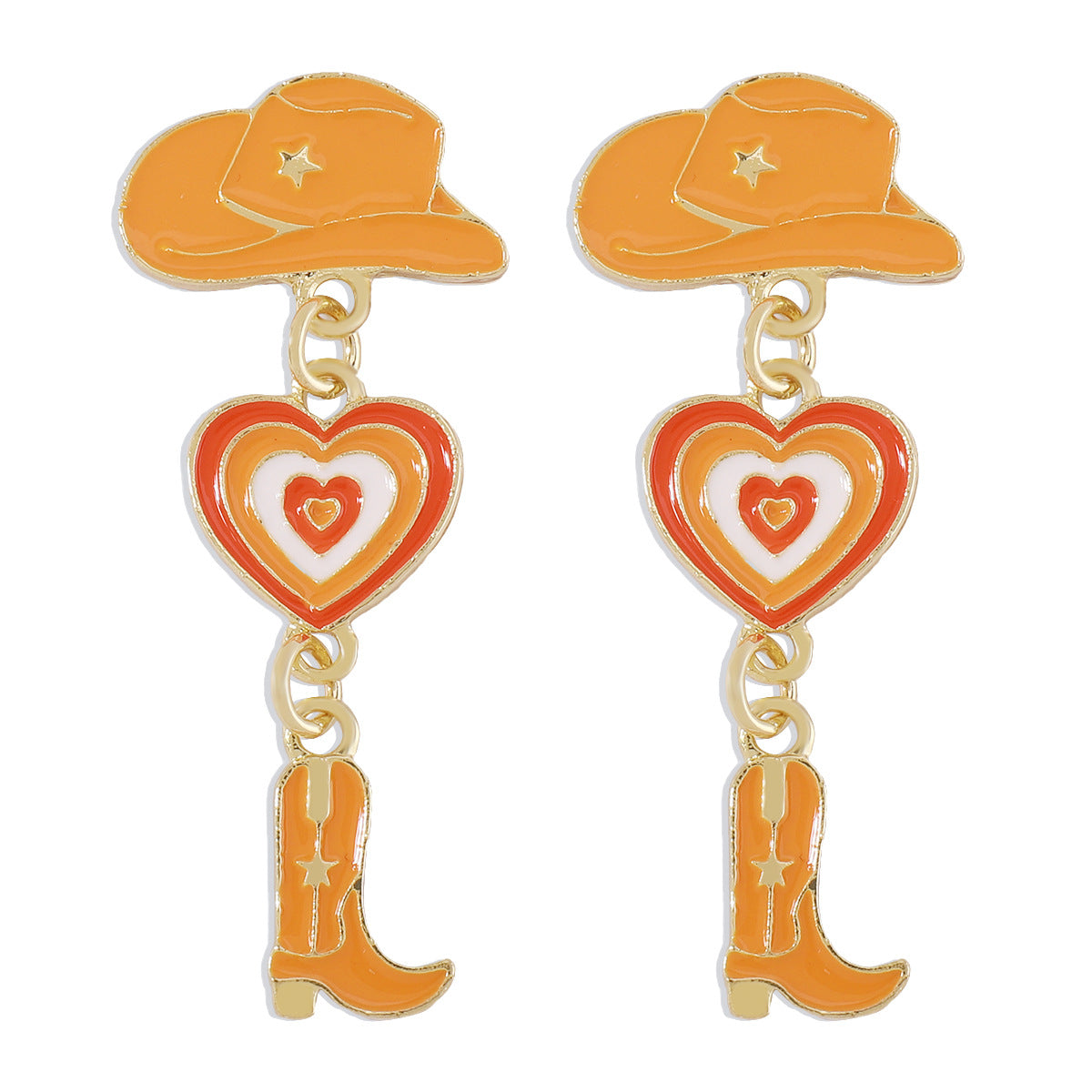 Pendientes Geométricos de Aleación Dulces y Atrevidos con Acabado de Esmalte en Forma de Sombrero de Vaquero y Bota con Corazón