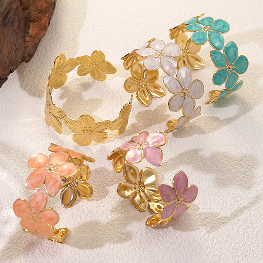 Elegant Floral Drip Oil Stainless Steel Flower Open Cuff Bracelet