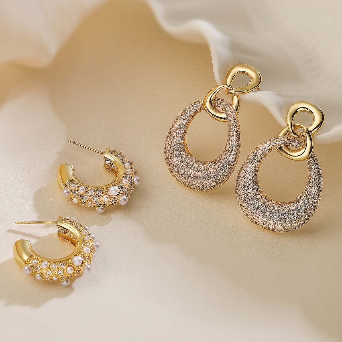 Minimalist Geometric 18K Gold Plated Brass Cubic Zirconia and Pearl Drop Earrings