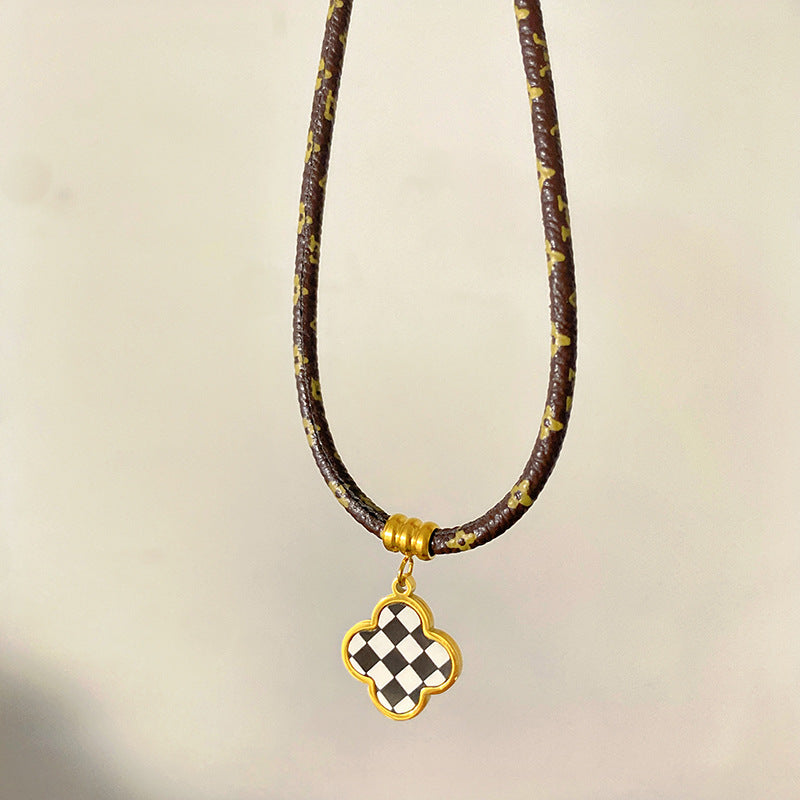 Vintage Geometric Checkered Stainless Steel Clover Pendant Leather Necklace Unisex