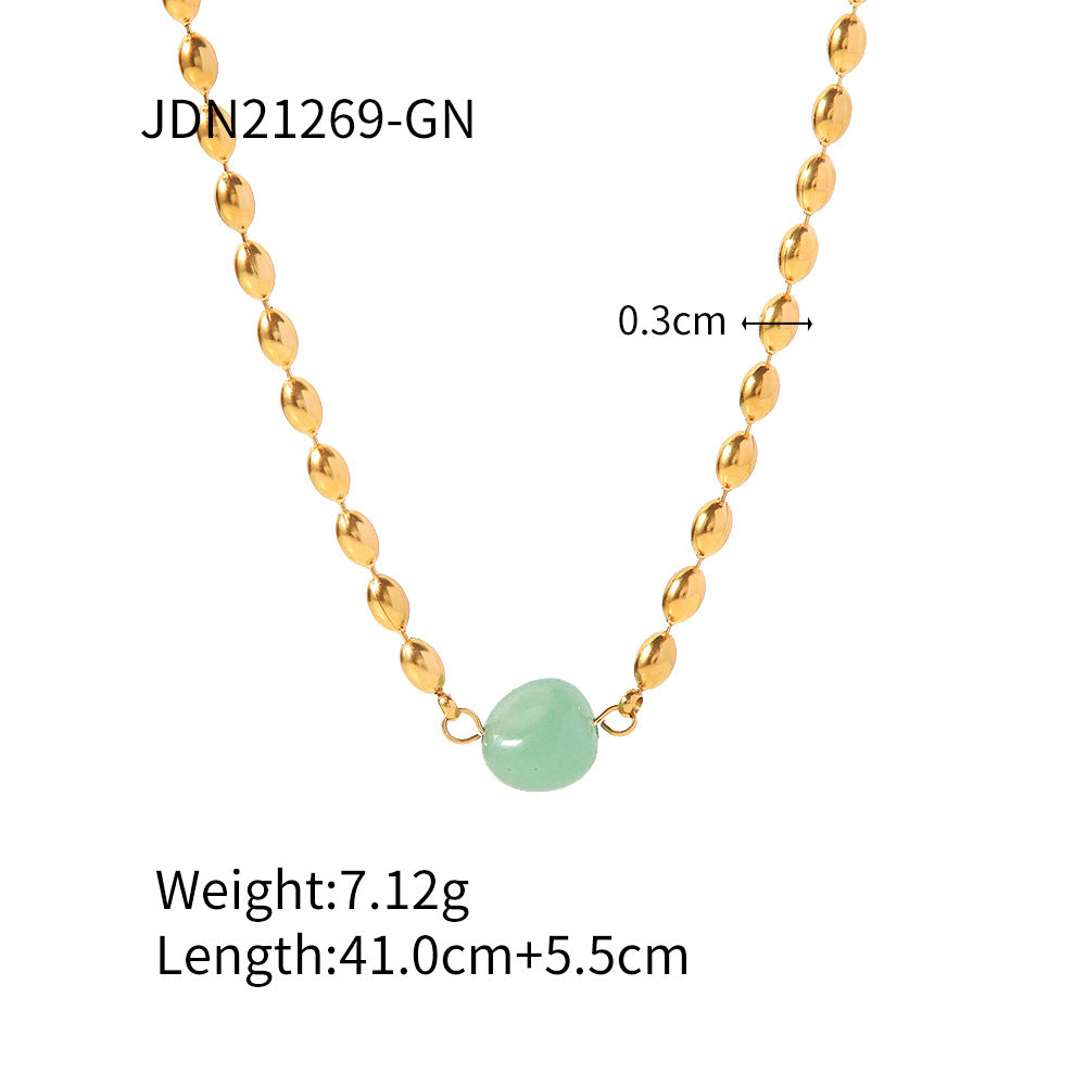 Retro French Style Geometric Green Natural Stone Bracelet and Necklace with Stainless Steel Chain and Gold Beads