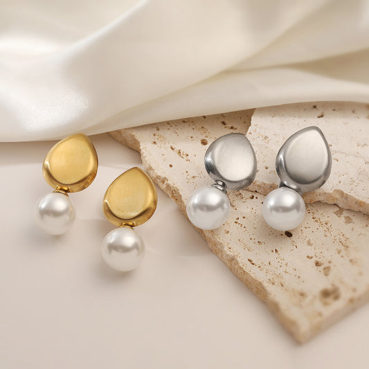 Minimalist Geometric Drop Pearl Stud Earrings for Women in Titanium Steel with 18K Gold Plating