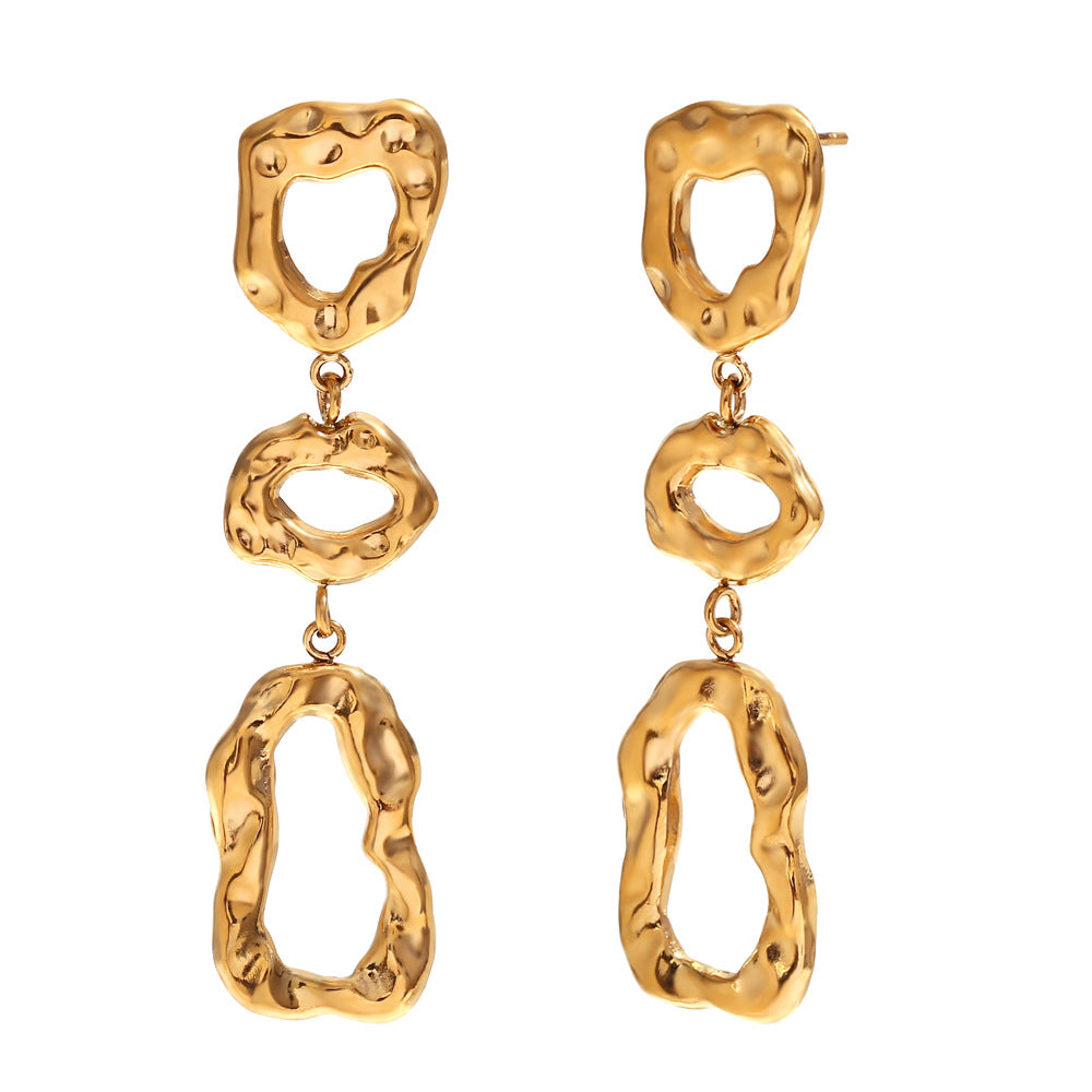 Fashionable Geometric Hollow-Out Asymmetrical Hammered Texture Stainless Steel Ear Cuffs with 18K Gold Plating for Women