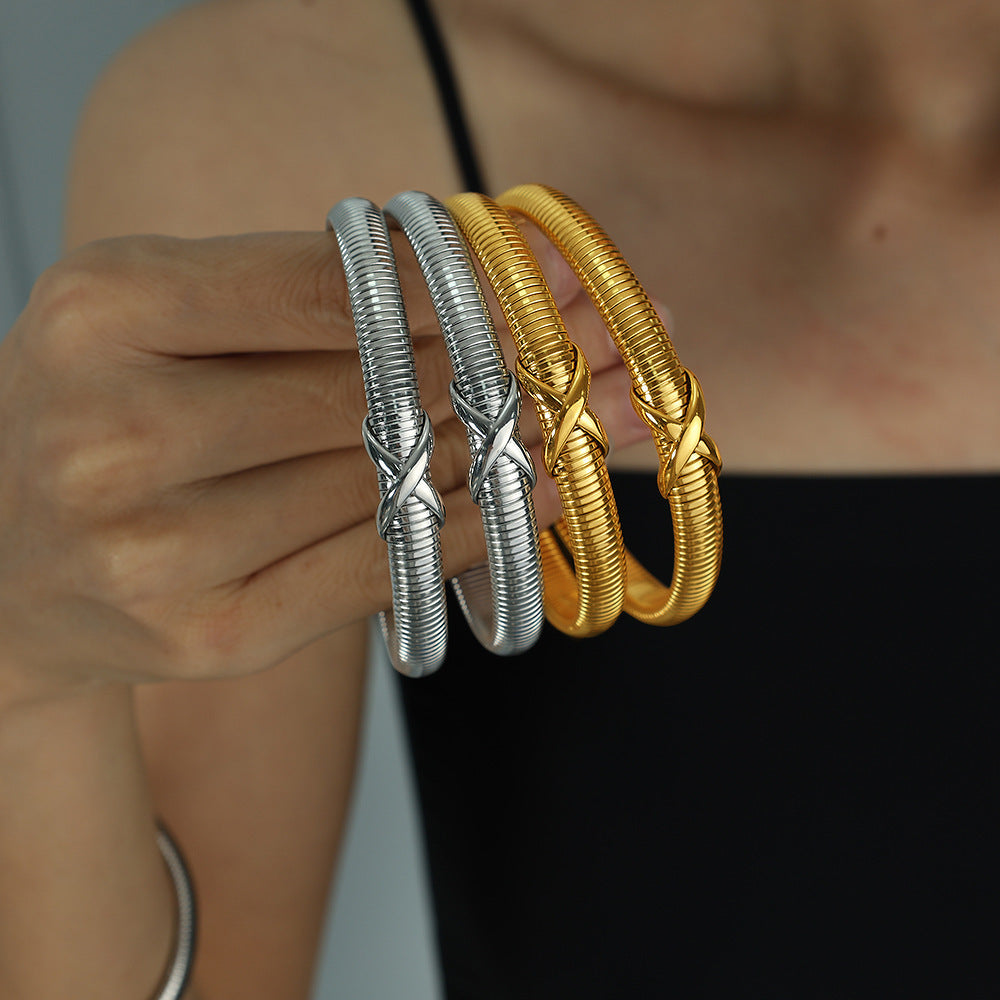 Sweet Punk 18K Gold Plated Alloy Geometric Crossover Knot Elastic Bangle for Women