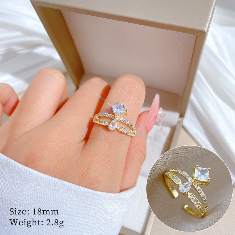 Cartoon Style Crown-Shaped Brass Ring with Gold Plating for Women Adjustable Wedding Band