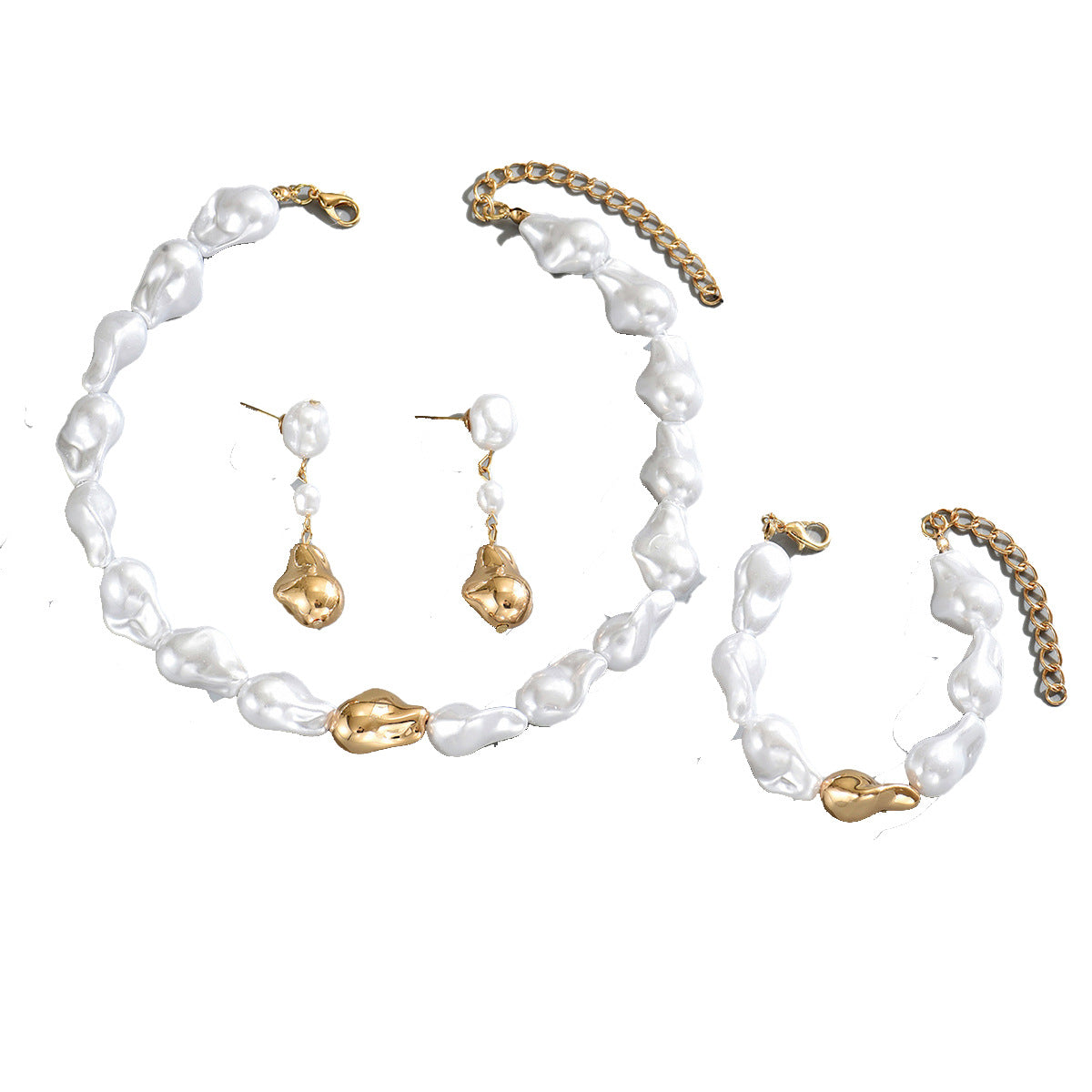 Vintage Baroque Pearl-Style Necklace Set with Geometric Pattern for Women Includes Choker Necklace Bracelet and Earrings
