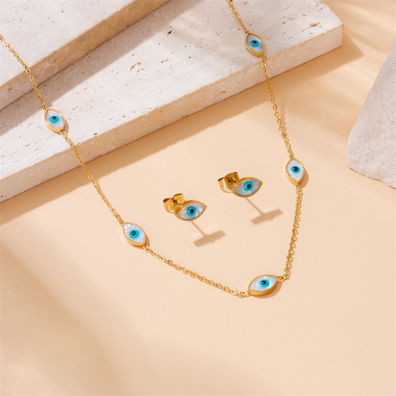 Vintage Blue Eye Box Chain Bracelet Earrings Necklace Set Stainless Steel Plated Women's Jewelry