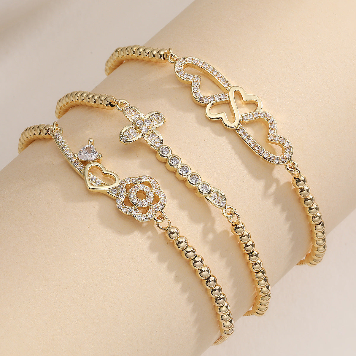 Elegant Minimalist Gold Plated Brass Floral Heart Geometric Bracelet with Cubic Zirconia Inlay for Women