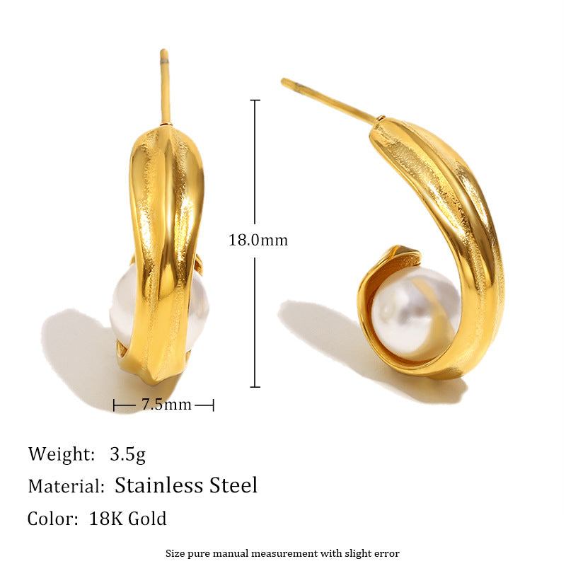 Elegant French-Style Stainless Steel Earrings with 18K Gold Plating, Rolled Edge Design, Faux Pearl Floral Motif, Geometric Shape