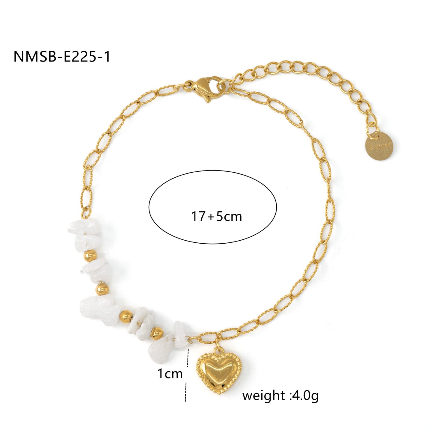 Pulsera de Acero Inoxidable con Corazón a la Moda, Baño de Oro de 18K y Cuentas de Piedra Natural