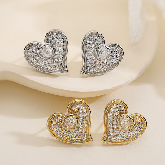 Vintage Heart-Shaped Zircon Stud Earrings for Women with Copper Base and 18K Gold Plating