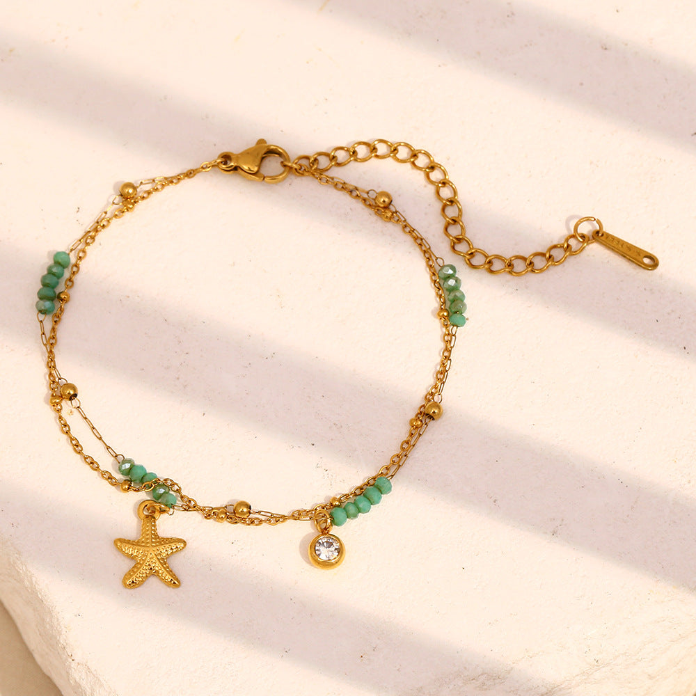 Bracciale da donna a doppia catena con stella marina in acciaio inossidabile placcato oro 18 carati, geometrico, minimalista e alla moda