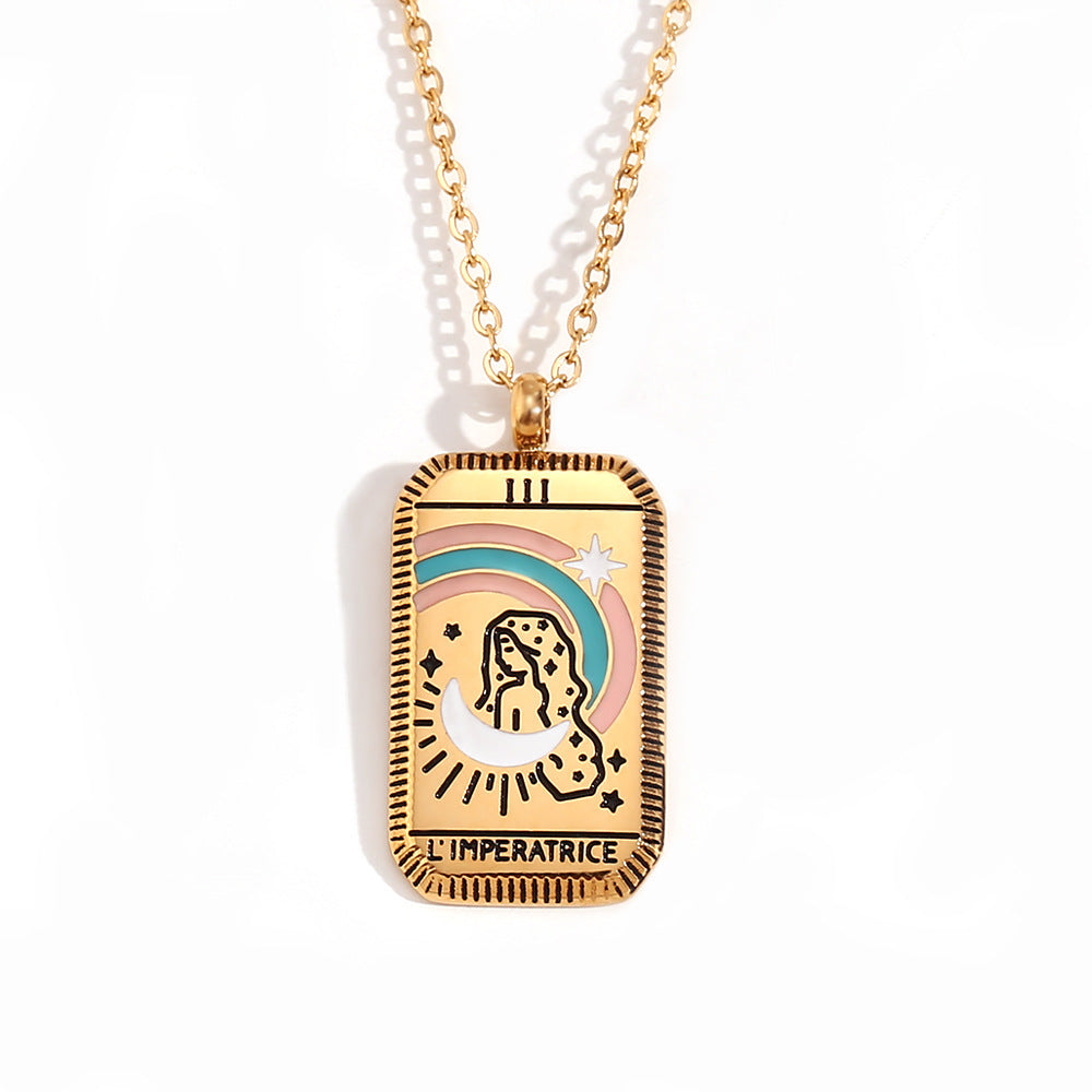 Collana con ciondolo quadrato minimalista a tarocchi da donna in acciaio al titanio con placcatura in oro 18 carati e design geometrico