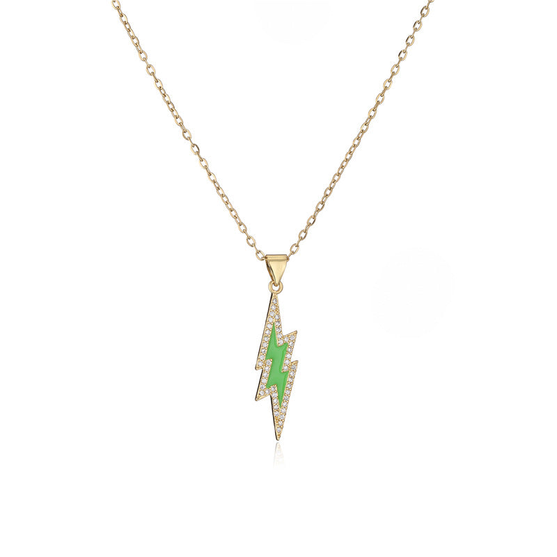 18K Gold Plated Brass Geometric Lightning Bolt Pendant Necklace with Cubic Zirconia and Drip Oil Detail on Cable Chain