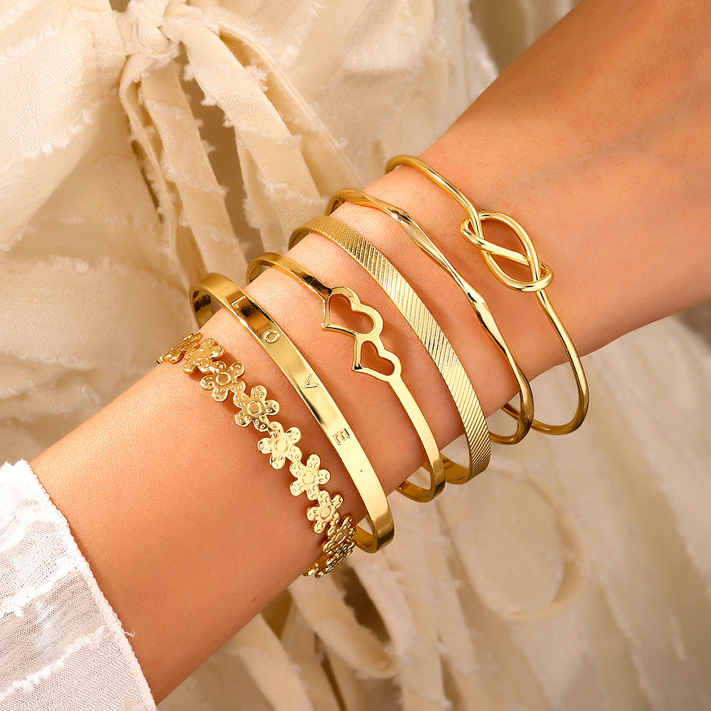 Geometric Heart Knot Flower Alloy Cuff Bracelet Set for Women
