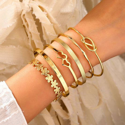 Geometric Heart Knot Flower Alloy Cuff Bracelet Set for Women