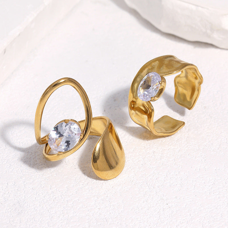 Minimalist Geometric Stainless Steel Gold Plated Ring with Cubic Zirconia for Women