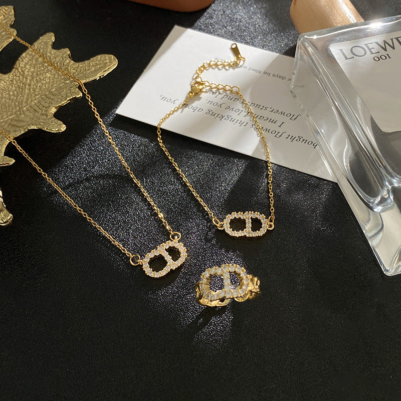 Minimalist Luxury Letter Titanium Steel Cubic Zirconia Inlay Necklace Set