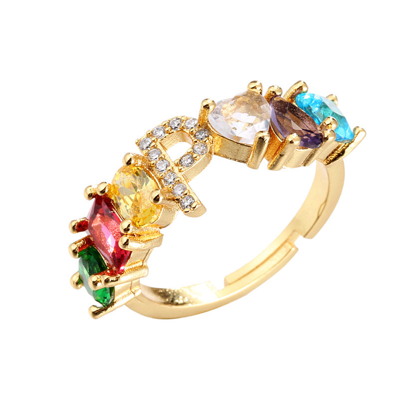 Hand-Set Cubic Zirconia Letter Open Ring Gold Plated Brass Adjustable Women