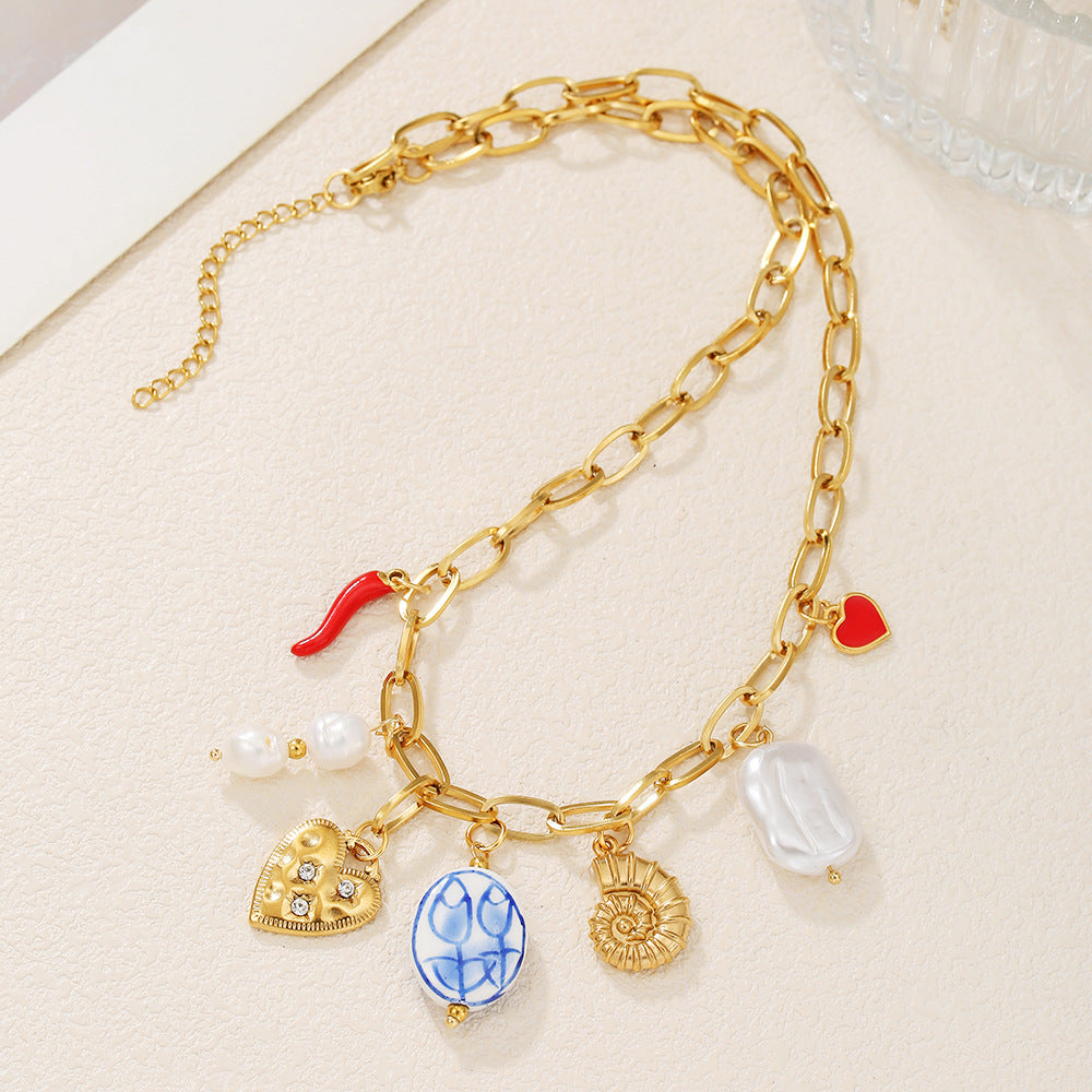 Streetwear Drip Oil Heart Stainless Steel Necklace with Imitation Pearl for Unisex