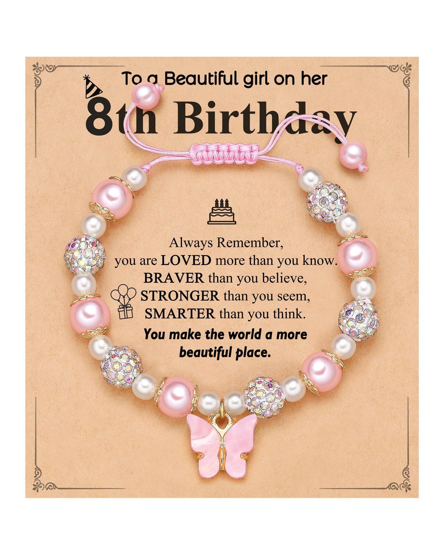Sweet Pink Acrylic Butterfly Pendant Imitation Pearl Beaded Bracelet for Women