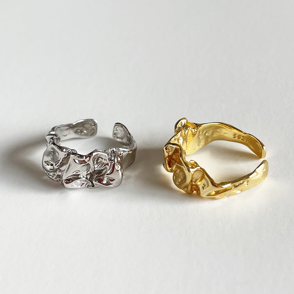 Anillo geométrico texturizado abstracto de plata de ley 925, elegante y moderno para mujer