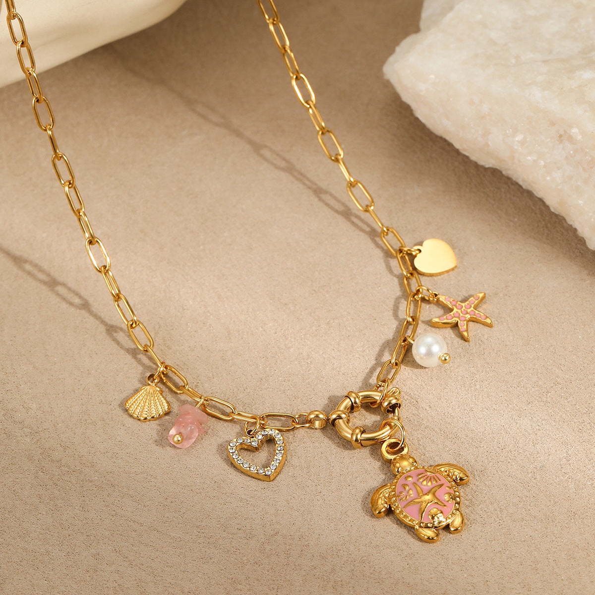 Fashionable Turtle Pendant Necklace in Stainless Steel with 18K Gold Plating, Geometric and Animal-Inspired Design for Women