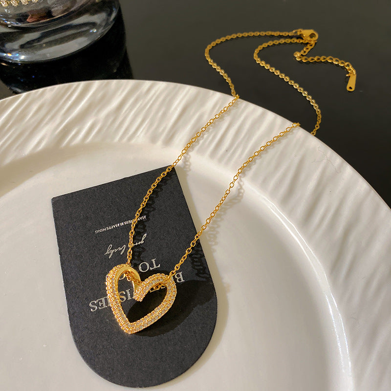 Sweet Minimalist Rhinestone Heart Plated Brass Pendant Titanium Steel Cable Chain Necklace