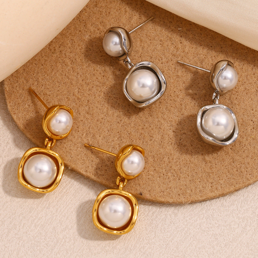 Minimalist Geometric Stainless Steel Earrings with 18K Gold Plating and Mixed-Size Pearls for Women