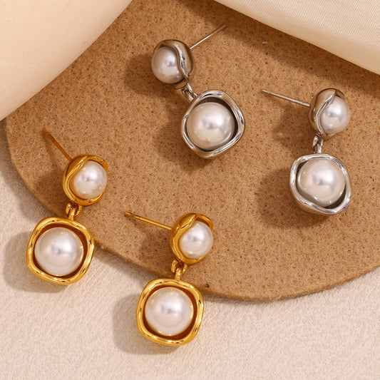 Minimalist Geometric Stainless Steel Earrings with 18K Gold Plating and Mixed-Size Pearls for Women