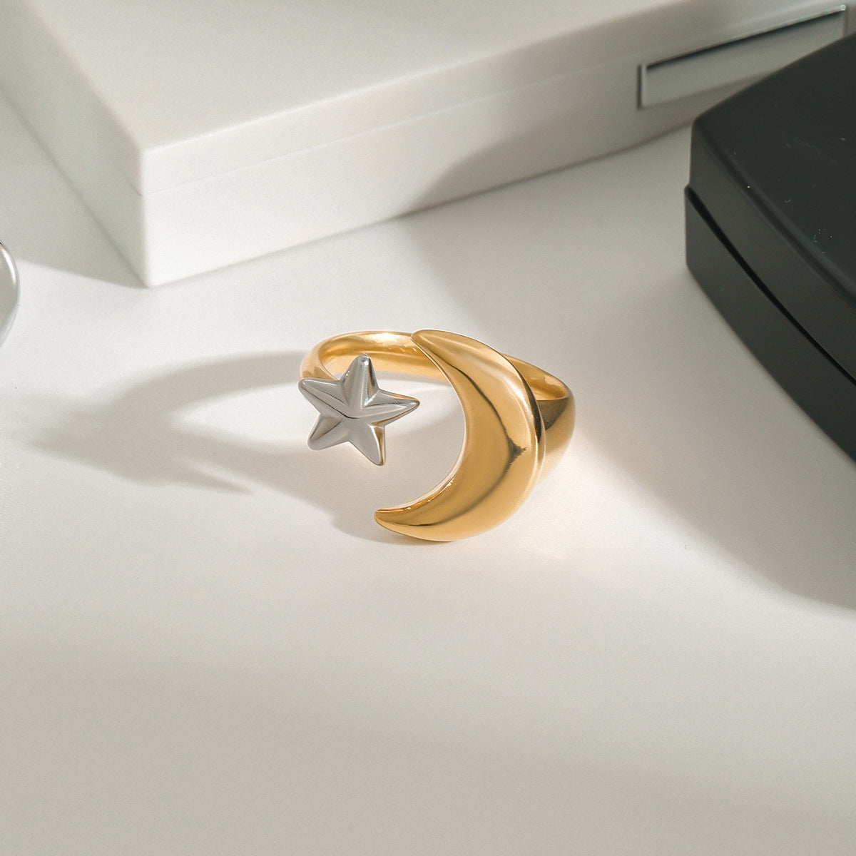 Anillo para mujer chapado en acero inoxidable con diseño geométrico minimalista de estrella y luna