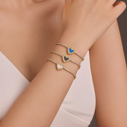 Fashionable OL Style Heart-Shaped Stainless Steel Bracelet with Zircon Inlay and 18K Gold Plating for Women