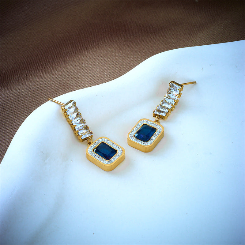 Fashionable Geometric Blue Sapphire Stud Earrings in Titanium Steel with Rhinestone Inlay and Plated Finish