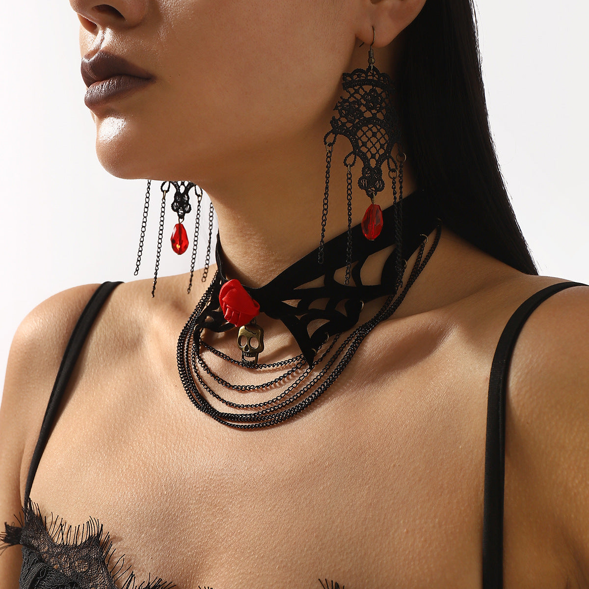 Gothic Halloween Black Multi-Layer Rose Necklace and Earrings Set for Women with Electroplated Iron Pendant and Velvet Accents