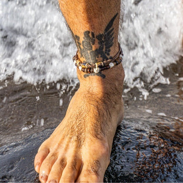 Men's Casual Double Layer Leather Bracelet with Geometric Skull Wood Beads and Turquoise