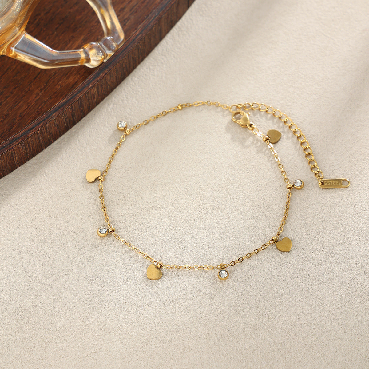 Luxury 18K Gold Plated Stainless Steel Heart Rhinestone Anklet