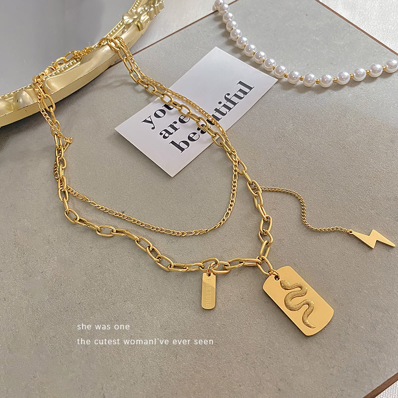 Gold Plated Titanium Steel Leopard Print Square Pendant Necklace for Unisex