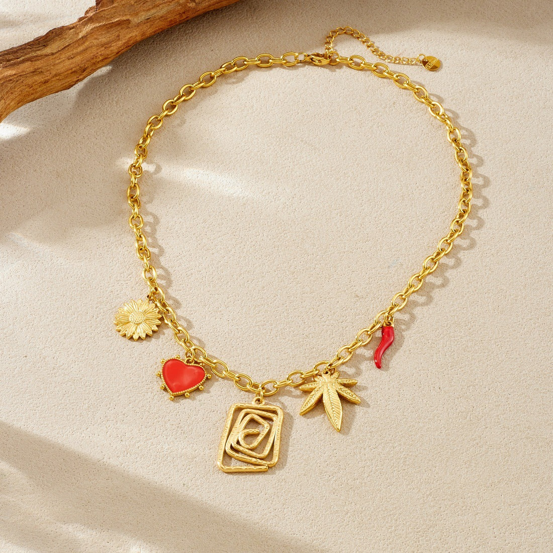 Vintage Gold Plated Geometric Square Leaf Heart Drip Oil Stainless Steel Pendant Necklace for Women