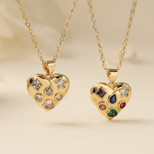Vintage Minimalist 18K Gold Plated Brass Heart Geometric Cubic Zirconia Pendant Necklace for Women