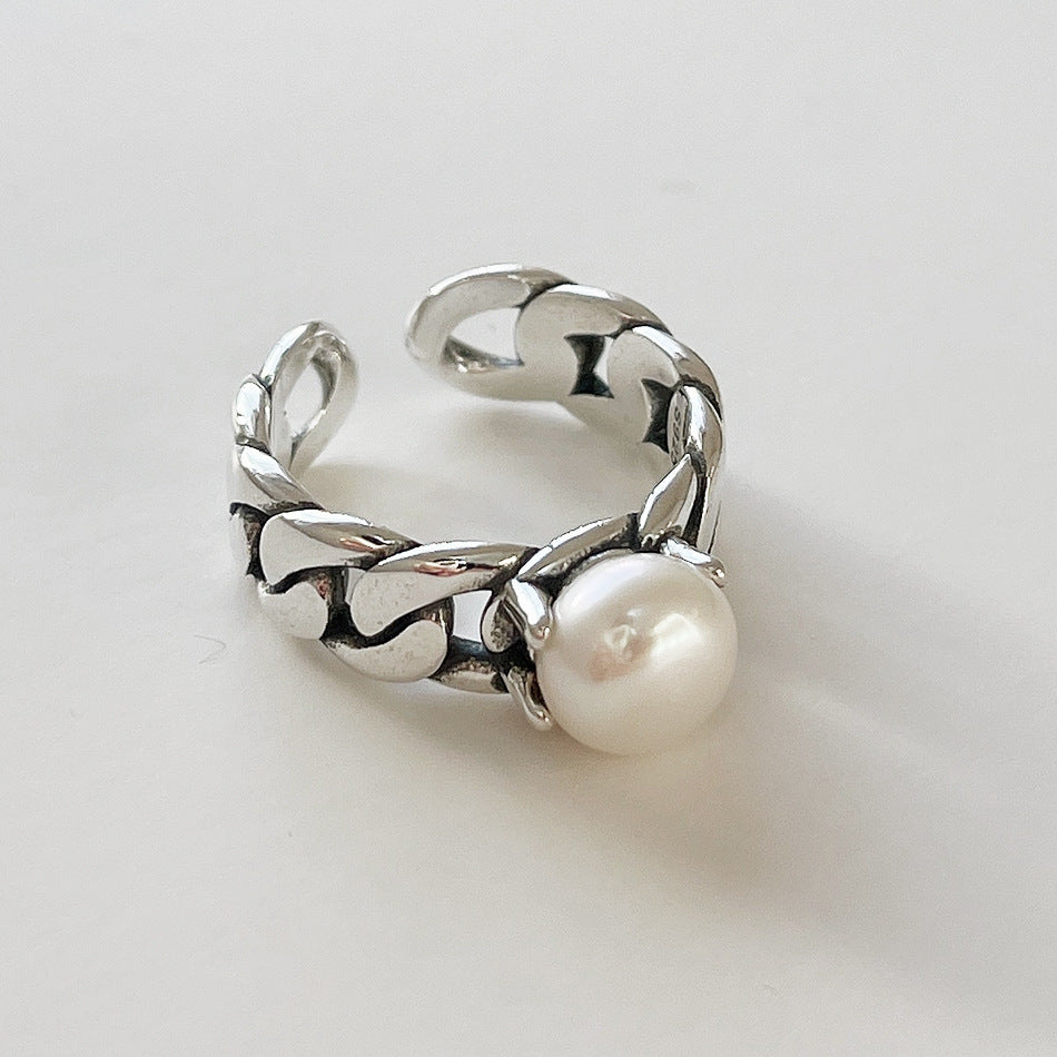 S925 Sterling Silver Vintage Minimalist Pearl Open Ring with Four-Prong Setting