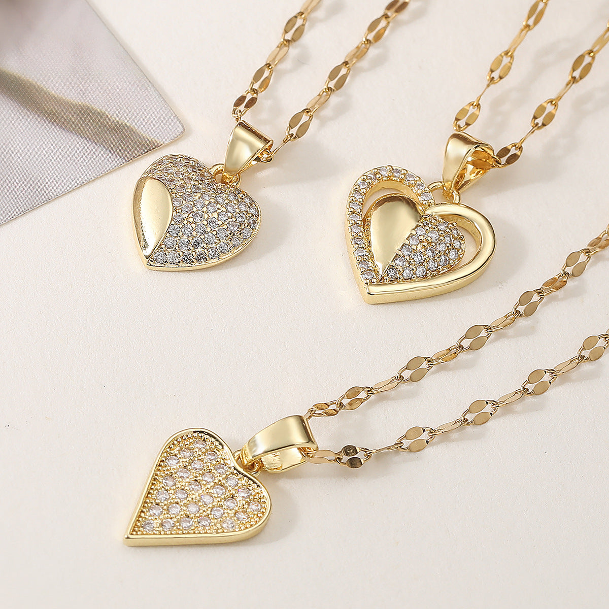 Minimalist 18K Gold Plated Brass Heart Pendant Necklace with Cubic Zirconia for Women