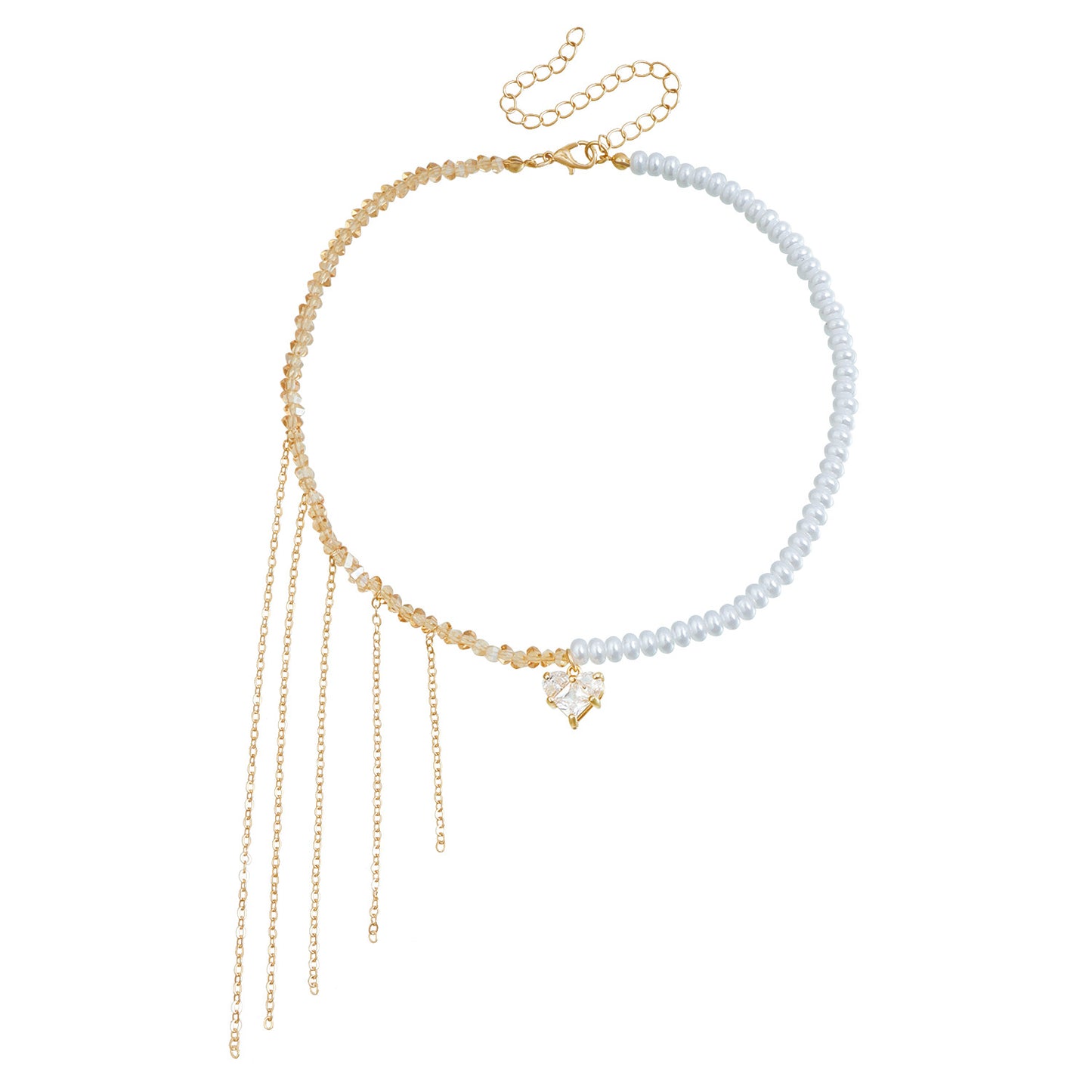 Elegante collar con colgante de circonia cúbica en forma de corazón con borla, detalles de cristal y perlas, aleación chapada, cuentas de vidrio, cadena a la altura de la clavícula para mujer