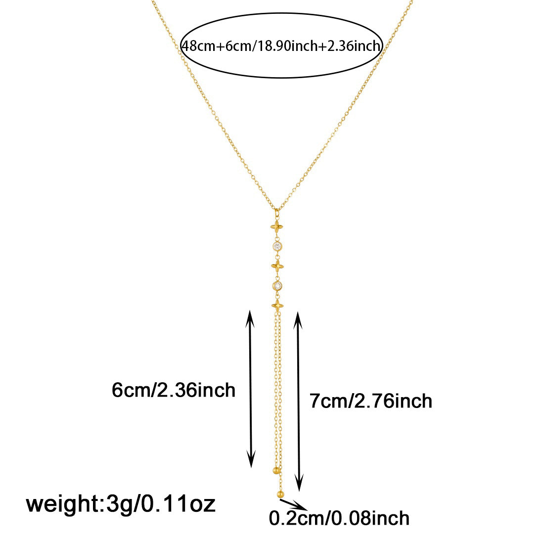 Minimalist Elegant Gold Plated Stainless Steel Star Rhinestone Tassel Y-Necklace for Women