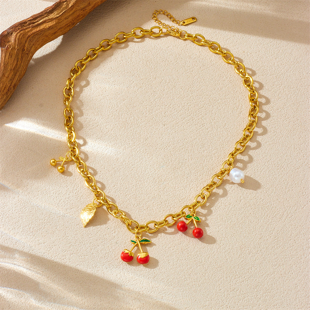 Minimalist Fruit-Shaped Stainless Steel Pendant Necklace with Enamel Finish and O-Chain for Women
