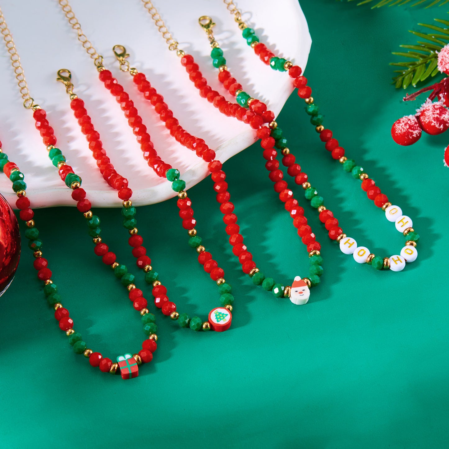 Handmade Crystal Beaded Multi-Layer Choker Necklace Set with Santa Claus and Snowflake Motifs in Geometric and Animal Shapes Alloy Metal with Enamel Finish for Women